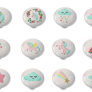 Set of 12 Unicorn Rainbow Rain Decorative High Gloss Ceramic Knobs