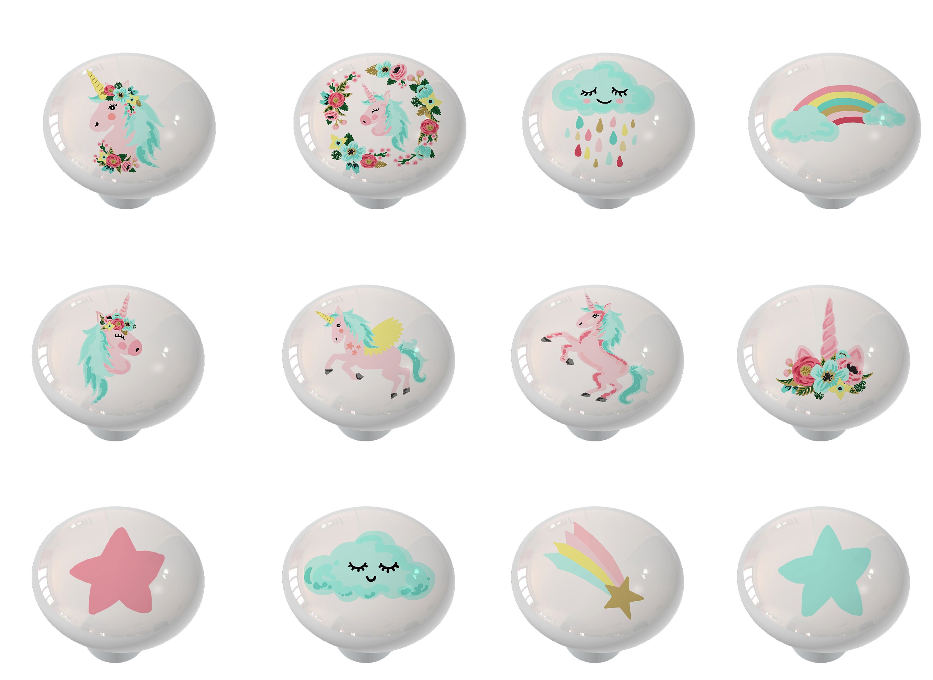 Set Of 12 Unicorn Rainbow Rain Decorative High Gloss Ceramic Knobs
