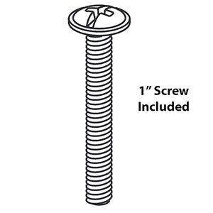 Puede incluir: Dibujo lineal de un tornillo con cabeza redonda y ranura de cabeza Phillips. El tornillo mide aproximadamente 2,5 cm de largo. El texto a la derecha del tornillo dice "1" Screw Included."