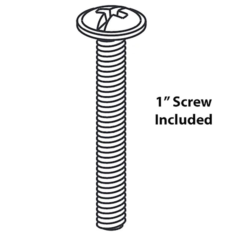 Puede incluir: Dibujo lineal de un tornillo con cabeza redonda y ranura de cabeza Phillips. El tornillo mide aproximadamente 2,5 cm de largo. El texto a la derecha del tornillo dice "1" Screw Included."