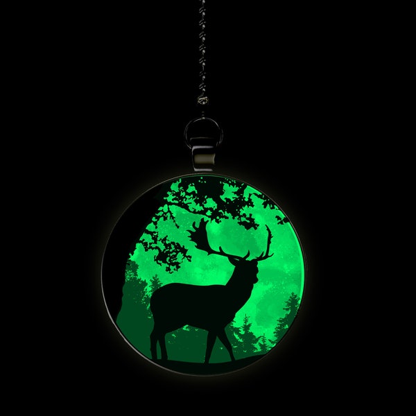 Deer on a Moonlit Hill Glow in the Dark Ceiling Fan / Light Pull Pendant with Chain