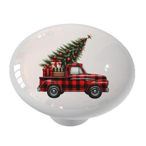May include: A red and black plaid pickup truck with a Christmas tree and presents in the bed. The truck is on a white background.