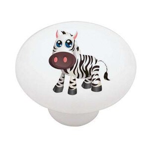 May include: A white and black cartoon zebra with big blue eyes and a pink nose. The zebra is standing on a white background.