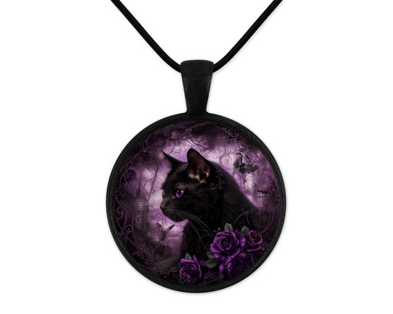 God of Roses 黒猫 〜Adult Black Cat JKT Purple Rose Cat Black Pendant Necklace You Choose Round or Square