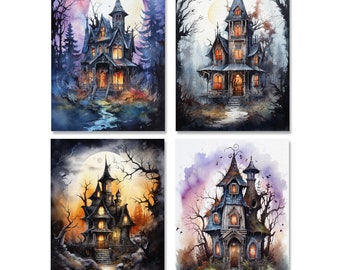 Set of 4 Watercolor Halloween Night Haunted House Art Semi Gloss 8" x 10" Wall Prints / Halloween Art / Spooky Art