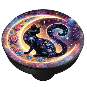 May include: A black phone grip featuring a celestial cat design. The cat is silhouetted against a crescent moon and starry background, with colorful floral accents. The grip has a black base.