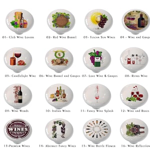 May include: A set of 16 round ceramic knobs with various wine-themed designs. The knobs feature images of wine bottles, grapes, wine glasses, and other wine-related imagery. The knobs are perfect for adding a touch of elegance to any kitchen or home decor.