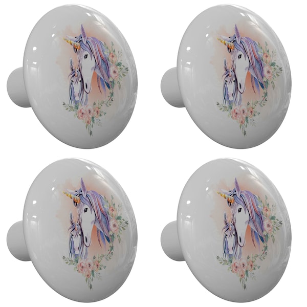 Set of 4 Mother and Baby Unicorn with Roses Drawer Knobs