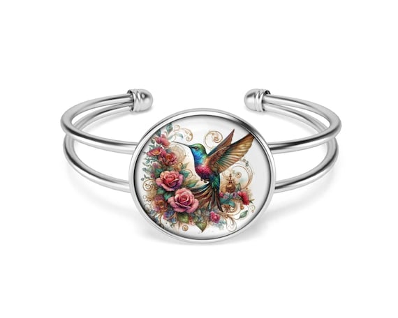 Antique Rose Hummingbird Bangle Cuff Bracelet or Leather Bracelet