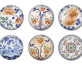 Delft Blue Flowers Round Refrigerator Magnet Set