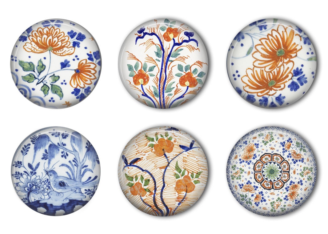 Delft Blue Flowers Round Refrigerator Magnet Set