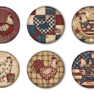 May include: Set of six round decorative magnets featuring rooster and hen designs. The magnets showcase patriotic themes with red, white, and blue colors, stars, and American flag patterns. Some magnets have a distressed wood or woven background.
