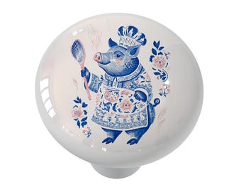 Perilla de cajón redonda de cerámica decorativa estilo cerdo chef de Talavera