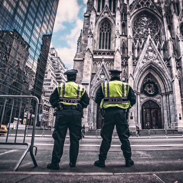 NYPD Cops and Saint Patricks Cathedral Photo Print by Paul Brake, NYC picture, New York City, Street Photography, Police, Wall Art, Decor