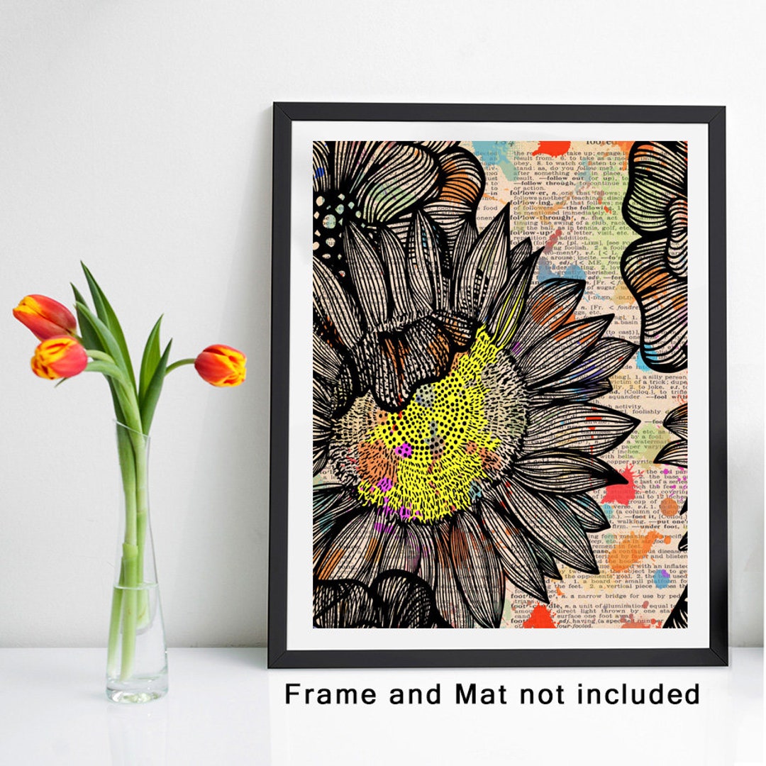 Sunflower Splash Dictionary Wall Art Print Vintage Style Art for Walls 8 X 10 Unframed Art Print