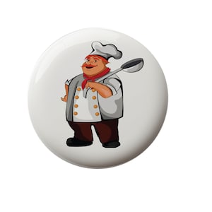May include: A cartoon chef with a red bow tie and a white chef's hat holds a large silver ladle over his shoulder.
