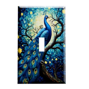 May include: A light blue peacock with a long tail of iridescent blue and green feathers stands on a branch of a tree with a dark blue and green background. The peacock is facing to the right and has a yellow beak and black eyes.