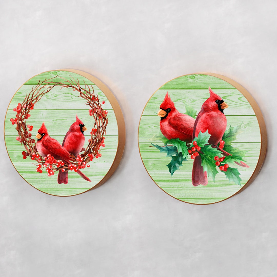 Set of 2 Winter Cardinals Wooden Refrigerator Etsy