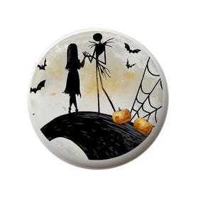 May include: A black and white silhouette of Jack Skellington and Sally from the Nightmare Before Christmas movie. They are standing on a hill with a spiderweb and pumpkins in the background.