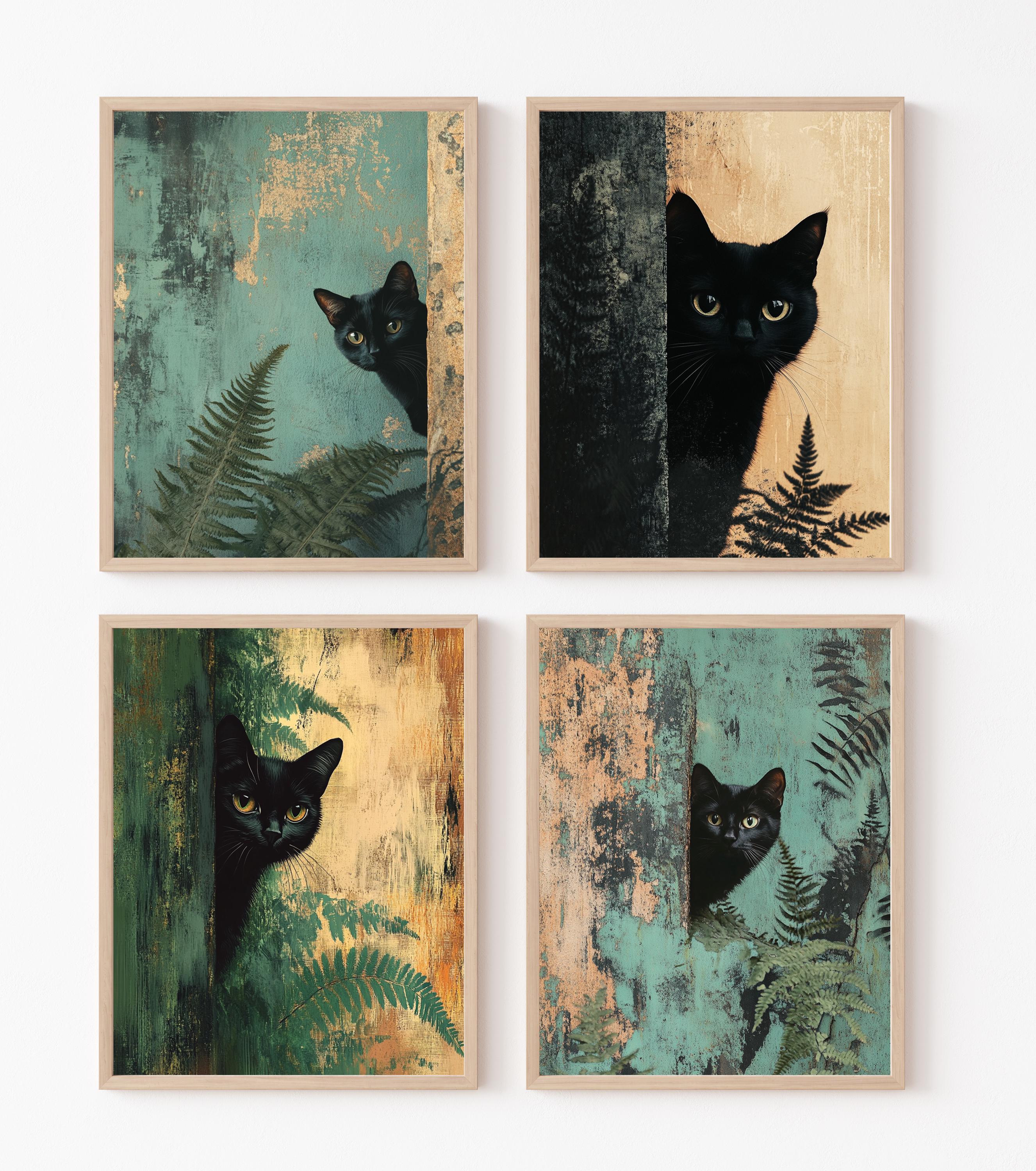 Set of 4 Abstract Peeking Black Cats With Ferns Semi Gloss 8