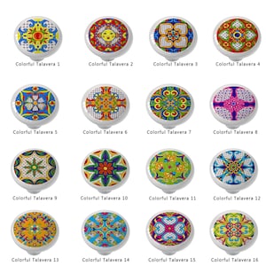 May include: Set of 16 colorful Talavera tile-inspired knobs with various geometric patterns in shades of blue, green, yellow, red, and white.