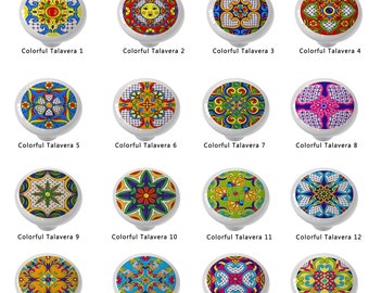 Set of 16 Talavera Look Mexican Tile Colorful Designs Decorative High Gloss Ceramic Knobs