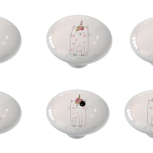 Set of 6 Sitting Caticorn Decorative High Gloss Ceramic Knobs