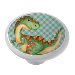 Gingham Green Dinosaur Decorative Round Decorative Ceramic Round Drawer Knob