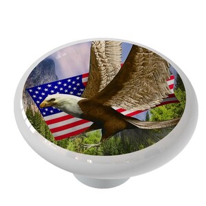 May include: A ceramic knob with a bald eagle flying in front of an American flag. The eagle is brown and white with a yellow beak. The flag is red, white, and blue. The background is a blue sky with clouds and green trees.