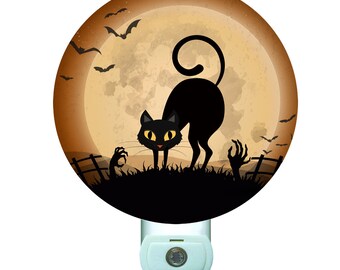 Halloween Graveyard Black Cat Decorative Round Night Light with Sensor