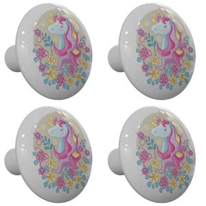 Set of 4 Flower Garden Unicorn Drawer Knobs