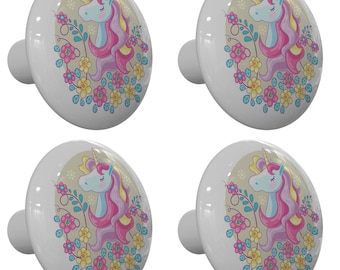 Set of 4 Flower Garden Unicorn Drawer Knobs