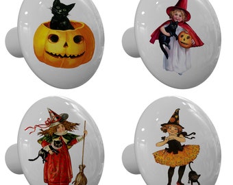 Set of 4 Halloween Vintage with Black Cats Drawer Knobs