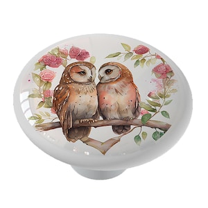 May include: Two brown and white owls perched on a branch with pink roses and green leaves. The owls are facing each other and appear to be in love.