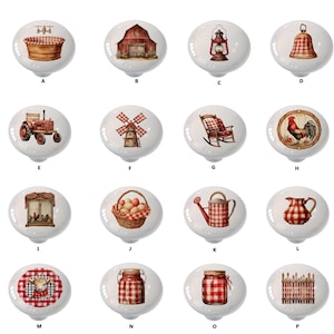 May include: Set of 16 ceramic cabinet knobs with red and white gingham patterns and various farmhouse themed illustrations, including a rooster, a windmill, a rocking chair, a watering can, a jar of jam, a fence, a cow, a basket of eggs, a tractor, a barn, a lantern, a bell, a bathtub, and a chicken coop.
