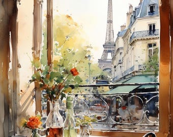 Puede incluir: Una pintura de acuarela de una cafetería parisina con vista a la Torre Eiffel. La cafetería tiene una mesa con un jarrón de flores, botellas de vino y vasos. La ventana está abierta y la vista exterior es de una calle con edificios y árboles.