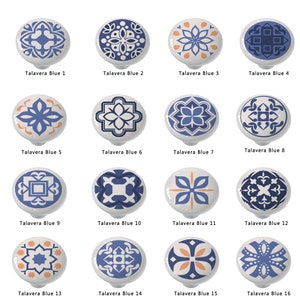 May include: A set of 16 ceramic tiles with blue and white Talavera designs. Each tile features a different geometric pattern with a white background and blue accents. The tiles are perfect for adding a touch of Mexican style to any home decor project.