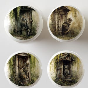 May include: Four ceramic round ornaments featuring a cat sitting outside a small wooden outhouse. The outhouse is painted brown and has a weathered look. The cats are all different colors and have a realistic look. The background is a green and brown forest scene.
