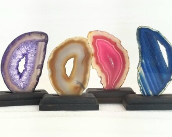 4 Piece Set Agate Slice Hand Polished Crystal Gemstone Rock Specimen Mineral on a Stand Natural Chakra Reiki Altar Occult Rebirth Passion