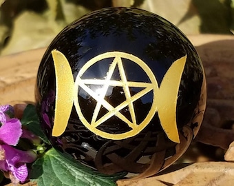 Triple Goddess Black Obsidian Sphere Crystal Ball Orb Scrying Divination Witchcraft Wicca Witches Occult Magic Crystal Healing Reiki 40mm