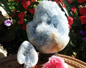 2 Special Blue Celestite Eggs Crystal Gemmy Geode Cluster Celestine Set Raw Gemstone Specimen Throat Chakra Feng Shui Metaphysical Decor