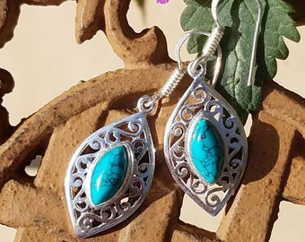 Earrings Turquoise Gemstone Ethnic Bali Sterling Silver Handcrafted Dangle Moon Energy Silver Reiki Infused Crystal Metaphysical Meaning