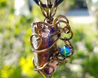 Mezmerize Me Angel Aura Quartz Crystal Rainbow Bronze Wirewrapped Pendant Chakra Dangle Charm Metaphysical Jewelry Crystal Healing