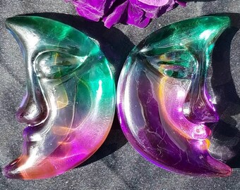 Crescent Moon Face Green & Purple Glass Crystal Symbol Taliman Totem Spell Altar Decor Wiccan Pagan Divination Tool Reiki Healing