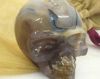 Crystal Skull Natural Large Geode Agate Hand Polished Gemstone Vug Rock Specimen Mineral Witch Wiccan Pagan Chakra Reiki Altar Geode