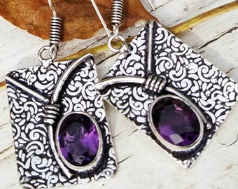 Earrings Real Amethyst Gemstone Ethnic Bali Sterling Silver Handcrafted Dangle Moon Energy Silver Reiki Infused Crystal Metaphysical Meaning