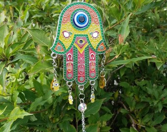 Hand Crafted Hamsa Hand  13" Sun Catcher Evil Eye God Eye Third Eye Window Car Healing Moon Magic Wicca Meditation Reiki Alter Chakra Yoga