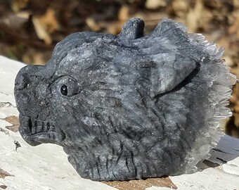 Wolf Statue Carving Clear Black Smoky Quartz Stone Hand Carved Crystal Symbolism Meaning Totem Rebirth Reiki Infused Metaphysical Gift Altar