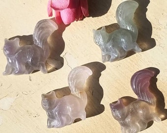 Squirrel Rainbow Fluorite Crystal Spirit Animal Talisman Totem Hand Carved Purple Reiki Chakra Metaphysical Meaning Gemstone Stone Quartz