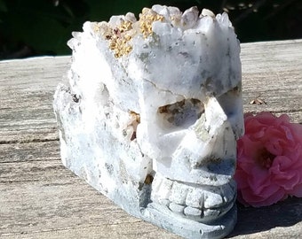 Skull Crystal Pyrite & Quartz Cluster Hand Carved Stone Quartz Natural Talisman Totem Reiki Healing Chakra Witch Wicca Pagan Wiccan Decor